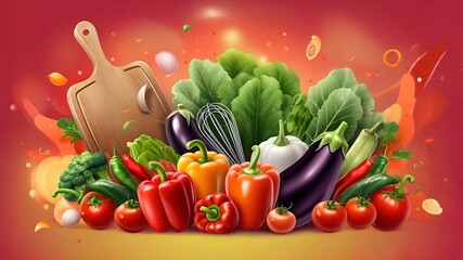 Vibrant cooking channel banner with fresh vegetables, fruits, spices and kitchen tools illustration, warm red orange yellow background, food preparation concept