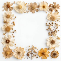 Frame of dried flowers on white background with copy space, natural rustic botanical border, flat lay composition

