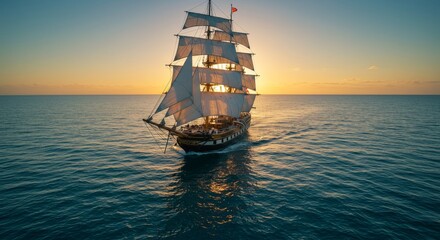 Obraz premium Majestic Sunset Sail: A Tall Ship's Journey - A majestic tall ship sails at sunset, symbolizing adventure, exploration, freedom, perseverance, and the beauty of nature