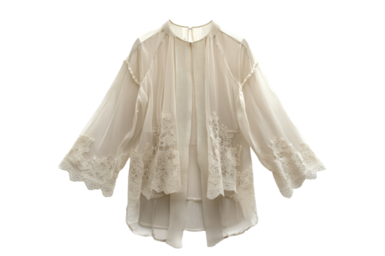 Elegant beige lace embroidered sheer blouse delicate design soft drape light neutral tones perfect