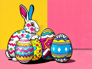 Colorful Easter bunny with decorated eggs on pink and yellow background, cartoon holiday illustration with copy space