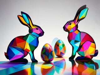 Colorful Geometric Easter Bunnies and Eggs stained glass, Modern Polygonal Holiday Illustration, Isolated on White Background