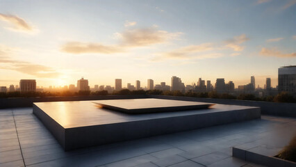 Modern Rooftop Podium with City Skyline at Sunset, Minimalist Urban Outdoor Scene, Copy Space