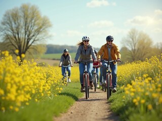 Group of Friends Cycling on Blooming Spring Countryside Trail, Outdoor Adventure with Wildflowers and Green Fields