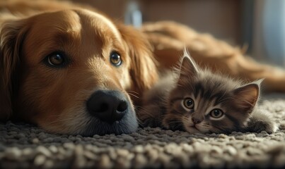 Two pets-- a playful dog and a curious kitten-- lying together on a soft rug, showcasing warmth and companionship