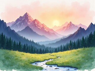Watercolor mountain landscape sunrise with meadow and stream, peaceful nature scene, hand-painted illustration