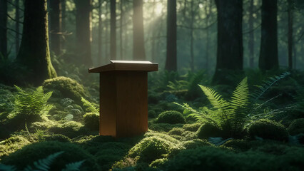 Wooden podium in lush forest clearing with sunlight and ferns, eco nature display background