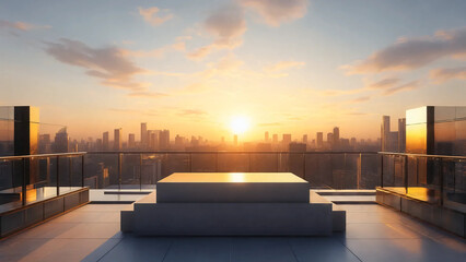 Modern rooftop podium with city skyline at sunrise, urban minimalistic display background