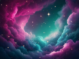 Colorful cosmic nebula background with glowing stars and vibrant magenta teal clouds