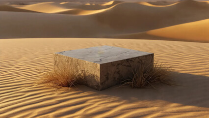 Stone product podium in golden desert dunes with dry grass and warm sunset light