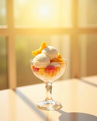 Ice cream dessert in elegant glass with fruit on sunny terrace table