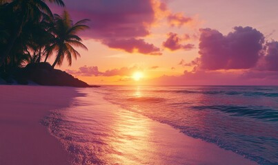 Vibrant sunset over a tranquil beach, soft orange and purple hues reflecting off the calm water, peaceful and romantic atmosphere,