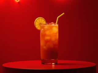 Long Island Iced Tea cocktail with lemon slice and straw in tall glass on table with vibrant red neon background for bar menus, nightlife advertising, or promotional visuals, space for text