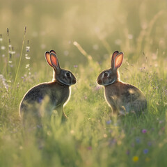 Two Rabbits in Warm Meadow Light with Impressionist Atmosphere