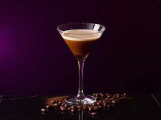 Espresso martini in elegant sleek cocktail glass on black marble bar with coffee beans and cocoa dust. perfect for coffee liqueur branding, cocktail menus, or nightlife promos, space for text