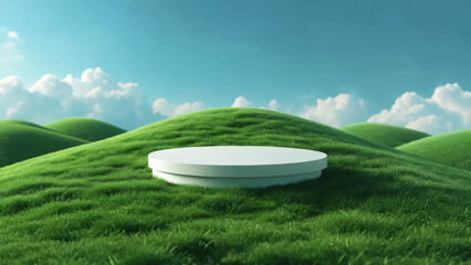 White Product Podium on Green Hills Landscape under Blue Sky