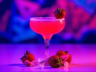 Strawberry daiquiri in coupe glass with fresh berries and sugar under neon lights for cocktail menu, nightlife promotions, and bar branding visuals