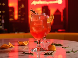 Aperol Spritz cocktail with orange slice and rosemary on marble table under neon city lights, ideal for beverage branding, nightlife visuals, and bar promotions