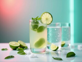 Mojito cocktail with lime and mint on white bar counter with retro neon background, perfect for beverage ads, bar branding, or summer drink promotions

