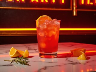 Aperol Spritz cocktail with ice and orange slice on marble table under red neon lights, ideal for bar menu, drink promotion or nightlife branding