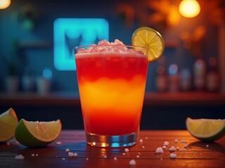 Tequila sunrise cocktail with lime and salt on wooden bar in neon tropical setting. Ideal for beverage branding, bar advertising or summer drink promotions.