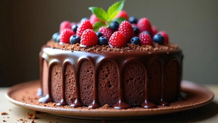 Chocolate cake with fresh berries and mint on top, rich dessert with glossy glaze ideal for bakery ads, cafe menu design, or food blog content. Ample negative space allows for text placement or brandi