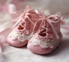 The concept of a baby shower is represented by baby girl shoes on a white satin background, which are pink, cute, and soft