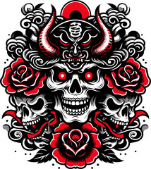Bold Japanese-inspired artwork featuring a demonic skull trio, red roses, swirling smoke, and a central oni mask with red horns sketch generative ai vector illustration. Black and white image.