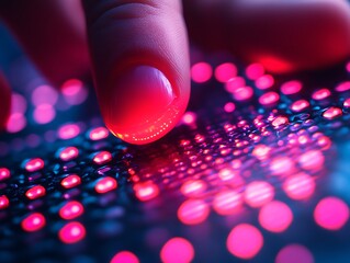 Fingertip interacting with glowing grid