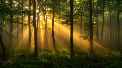 Obraz premium Sunbeams pierce misty forest, illuminating green foliage and tree trunks, creating serene, mystical atmosphere, ideal for nature or tranquility themes
