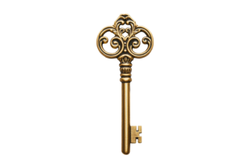 Antique gold ornate key secrets revealed mystery vintage elegance simple white background detailed