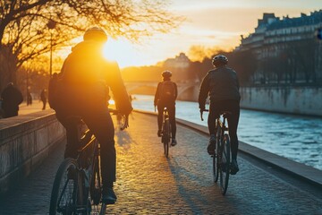 Sunset cycling along the Seine River in Paris creates a picturesque evening atmosphere, Sunset Cycling Along the Seine River