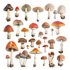A diverse collection of vintagestyle mushrooms showcasing various shapes and colors in a natural setting, Various types of retro vintage mushroom big transparent background