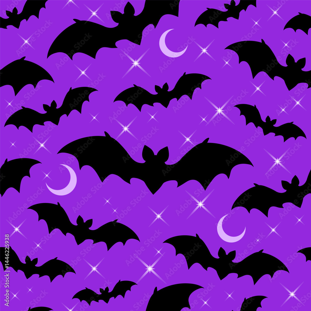 Canvas Prints seamless square pattern with silhouettes of flying bats and stars