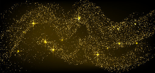 Gold glitter background. Gold corner frame sparkles on black background. Gilded particles vector. Explosion of golden shining confetti glitter. Abstract golden sparkles of confetti circle dots