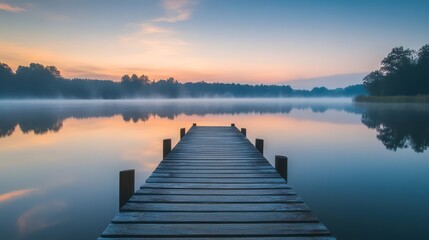 Fototapeta premium Wooden pier extending into calm lake at dawn