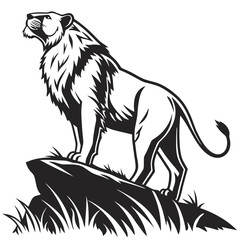 Majestic Lion Silhouette on Rock, Black and White Roaring Feline