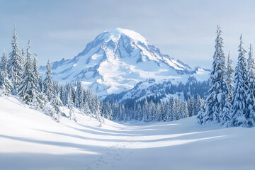 Obraz premium Snow-covered mountain peak and evergreen trees, winter landscape, showcasing serene beauty and tranquility, ideal for travel or nature themes