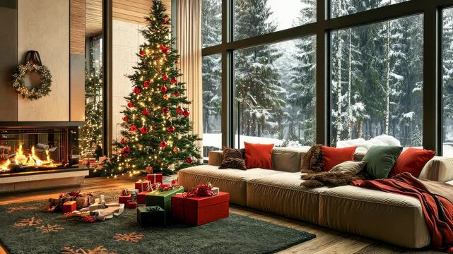 a cozy, bright room with panoramic windows, decorated with Christmas attributes