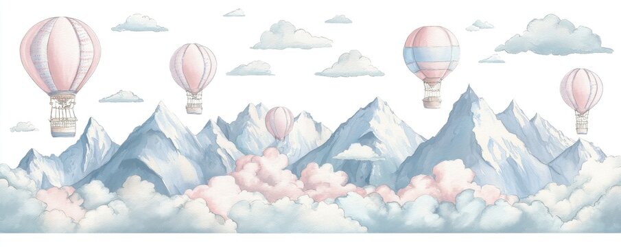 A hand-drawn watercolor seamless pattern featuring hot air balloons and clouds, designed for kids, in soft blue and pink pastel hues, suitable for a boy's or girl's room
