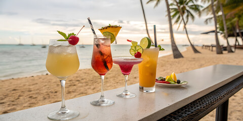 A cold, tropical orange cocktail with fresh fruit and ice sits in a glass on the white sand beach, a perfect summer refreshment