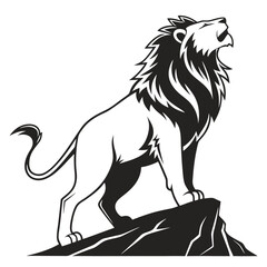 Roaring Lion Silhouette Design On Rock, Regal Feline, Wildlife Icon, Black and White