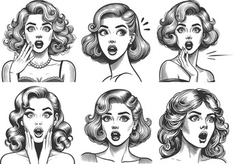 Surprised woman showing shock or excitement Set collection bundle sketch engraving generative ai vector illustration. Scratch board imitation. Black and white image.