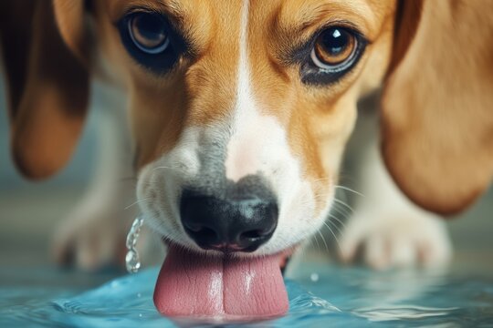 Dog enjoys refreshing water in slow motion with a close-up view of its face and tongue, dog close-up, drinking water slow motion