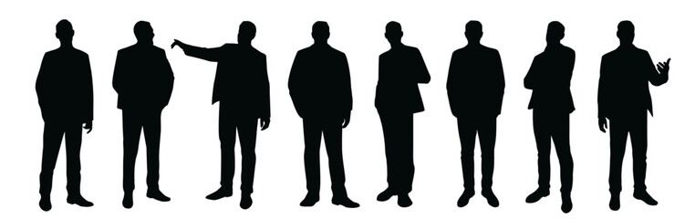 Set of businessmen silhouettes. Dark figures of entrepreneurs or office employees in business suits stand in different poses. Side and front view. Flat vector illustration isolated on background