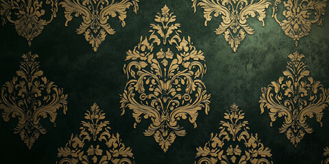 Dark green background with gold embossed damask pattern, showing intricate floral design, ideal for luxury or vintage themed projects, wallpaper or banner