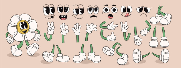 Groovy comic character. Set of retro hands, feet and faces expressing different emotions. Cute vintage design elements in 70s style. Doodle vector illustration collection isolated on background