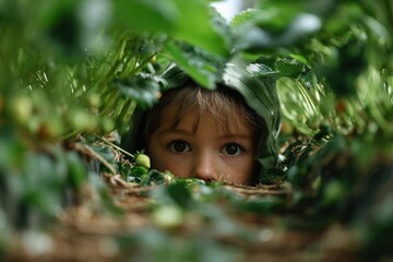 Young child with freckles peers from dense strawberry vines wearing a green hood close up engaging curious expression
