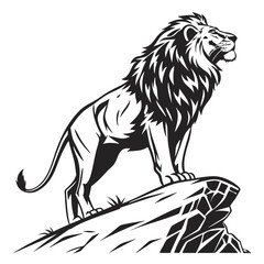 Striking Silhouette of a Majestic Lion Standing Tall on Rocky Outcrop in Black and White