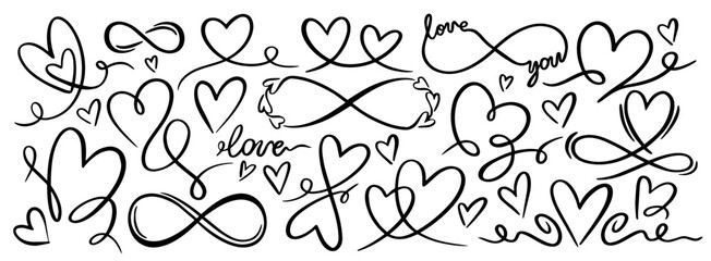 Heart line art set. Black and white icons with symbol of love, romance and relationships. Design elements for logo, tattoo and print. Hand drawn vector illustration collection isolated on background